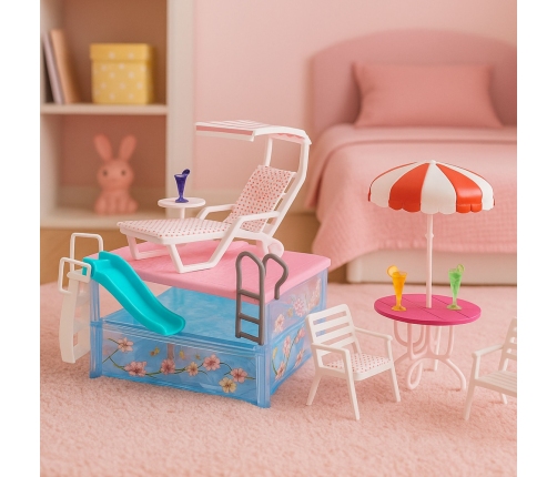 Summer Resort Doll Set with Pool, Slide, Sunbeds, and Umbrella