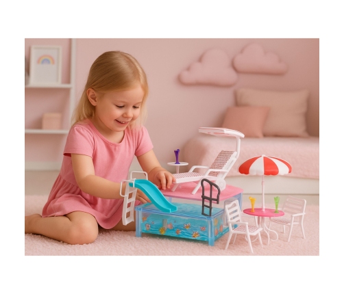 Summer Resort Doll Set with Pool, Slide, Sunbeds, and Umbrella