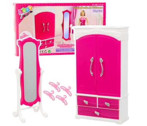 Doll Furniture Set Wardrobe Mirror Hangers Pink