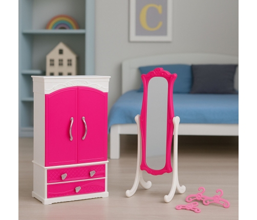 Doll Furniture Set Wardrobe Mirror Hangers Pink