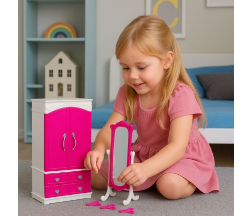 Doll Furniture Set Wardrobe Mirror Hangers Pink