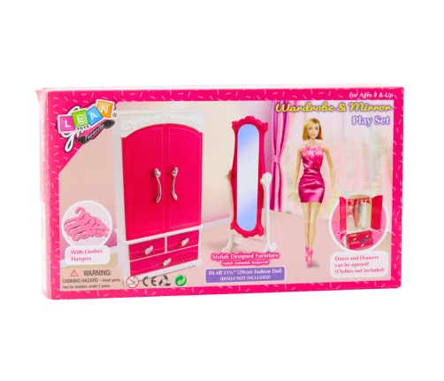 Doll Furniture Set Wardrobe Mirror Hangers Pink