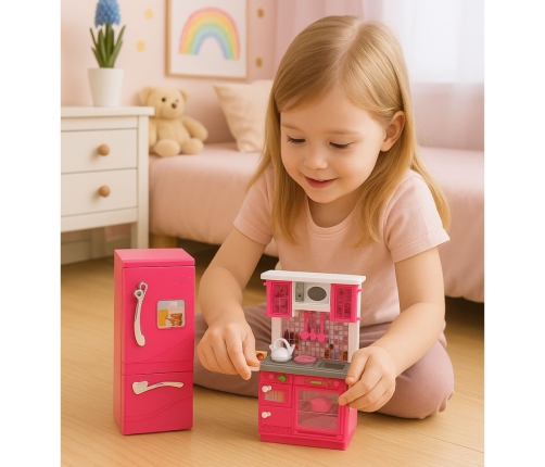 Doll Kitchen Set Fridge Oven Accessories Pink