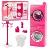 Doll Laundry Set Washing Machine Dryer Hanger Basket Pink
