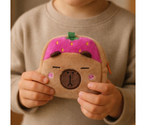 Plush Wallet with Keychain Capybara Strawberry Pink 9.5 x 8 cm