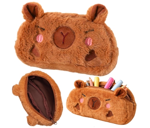 Plush Soft Capybara Pencil Case, Single Compartment, Brown, 19 x 10 cm