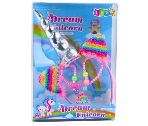 Set of Unicorn Headband, Ears, Horn, Necklace, Colorful