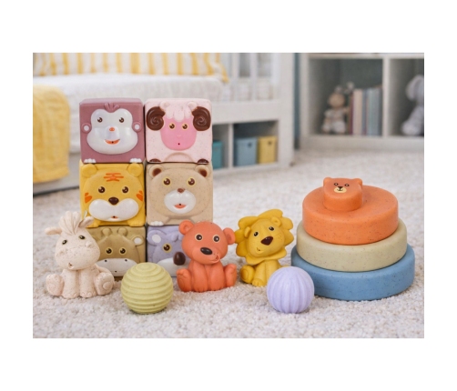 Set of Soft Sensory Educational ECO Blocks Rubber Animals 18 pcs.