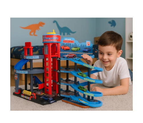 Parking Lot with Cars, 4 Level Track, 8 Metal Vehicles, Stickers