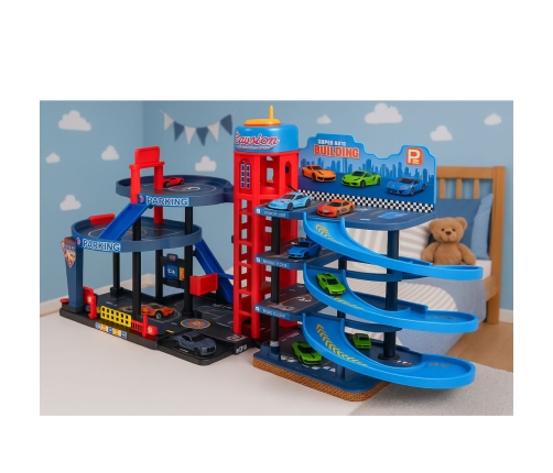 Parking Lot with Cars, 4 Level Track, 8 Metal Vehicles, Stickers