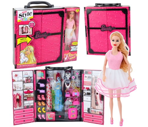 Pink Wardrobe Set for Dolls, Dresses, Shoes, Accessories