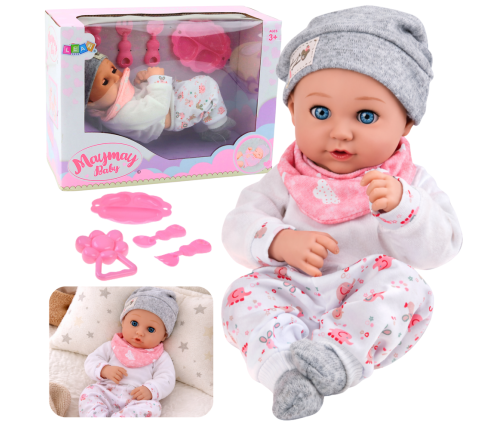 Baby Doll with Feeding Accessories, Bib, Hat, 28 cm