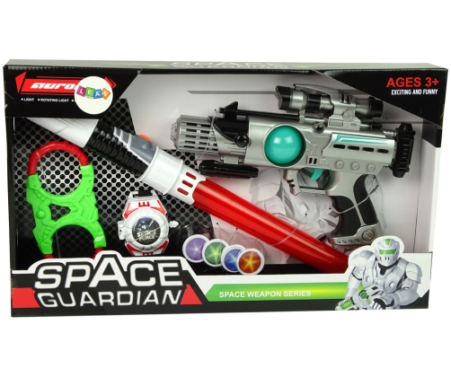 Space Warrior Set Laser Gun Lightsaber Handcuffs Disc Thrower