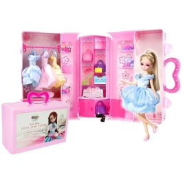 Doll, Model. Set of Clothes. Dressing. Jewelry in a Suitcase