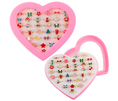 Set of Children's Rings Adjustable Various Heart Patterns 36 pcs.
